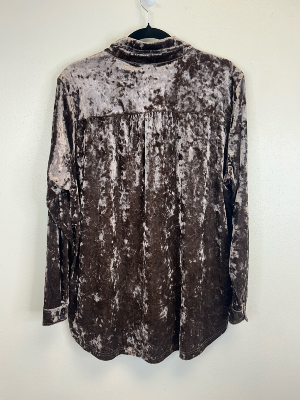 Crushed Velvet Button Up Shirt Size 1X Taupe Brown Boho Artsy Retro Whimsigoth - Picture 11 of 14